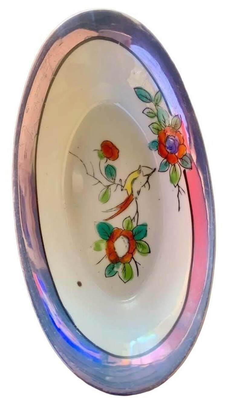 Beautiful Vintage Noritake Japanese Lusterware oval ceramic dish w/bird & flower